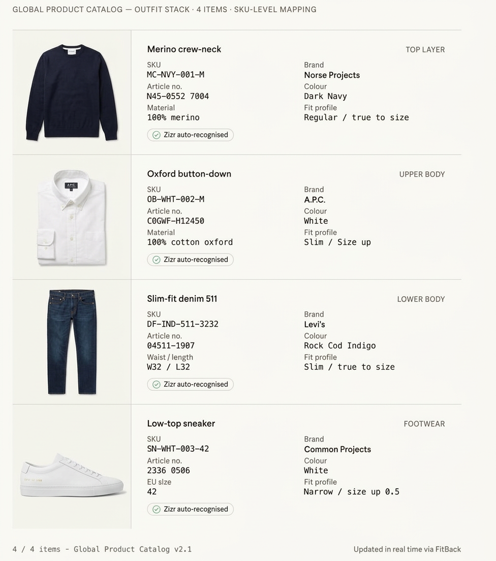 Structured product catalog showing four fashion items with metadata and automatic recognition